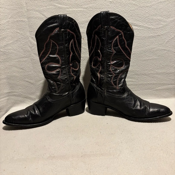 Vintage Black Leather Mens Western Cowboy Boots Genuine Leather Pointed Toe - Picture 4 of 13